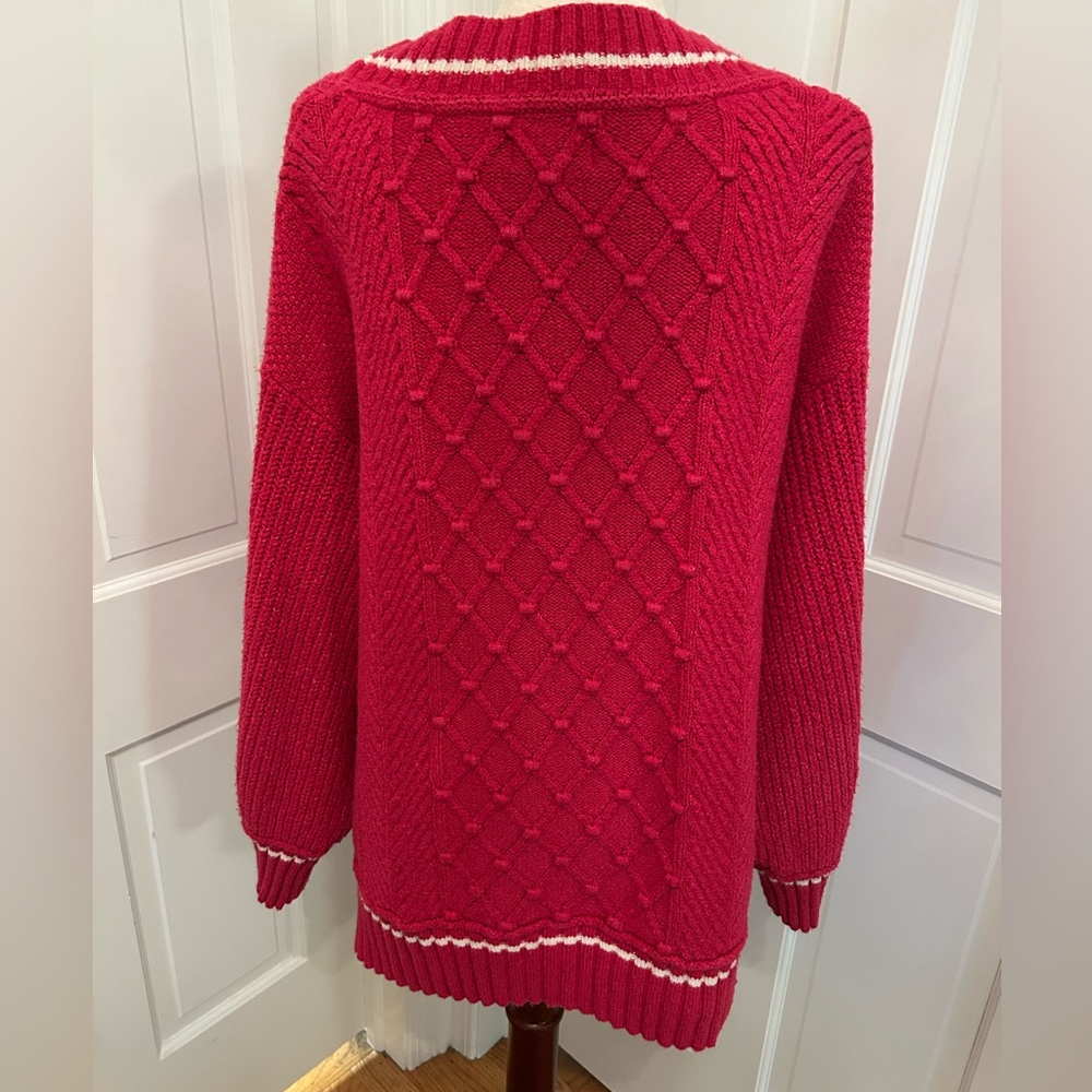 Anthropologie Maeve Tilly Varsity Cable Knit V-Neck Sweater Raspberry Pink 2X - Picture 5 of 11